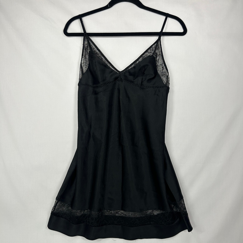 Victoria's Secret Black Satin Lace Trim Slip Dress Nightgown – Medium